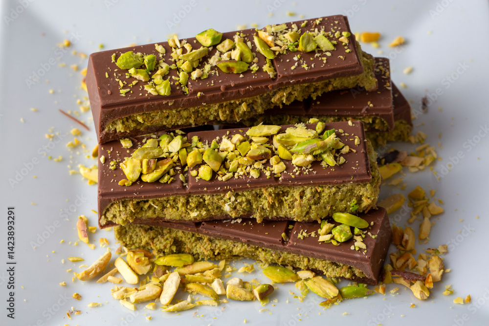 Dubai chocolate, milk chocolate filled with pistachio paste and kunefe