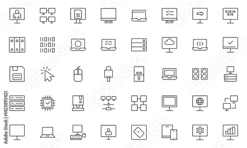 Computer components line icon set. Containing online, computer, network, website, server, web design, hardware, software and programming.