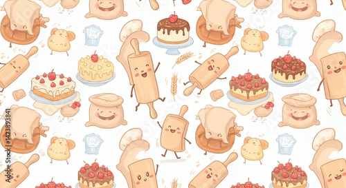 Cute cartoon baking seamless pattern with rolling pins and cakes