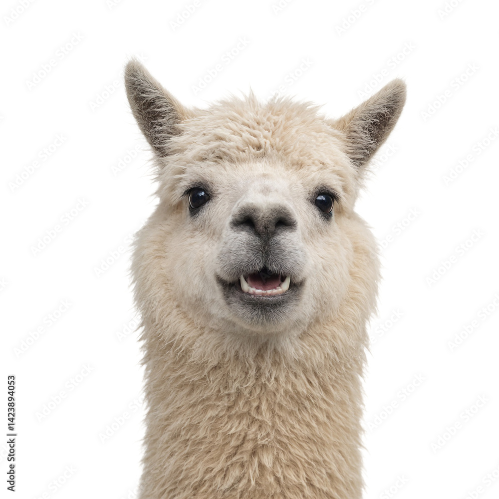 Excited alpaca with giant grin isolated