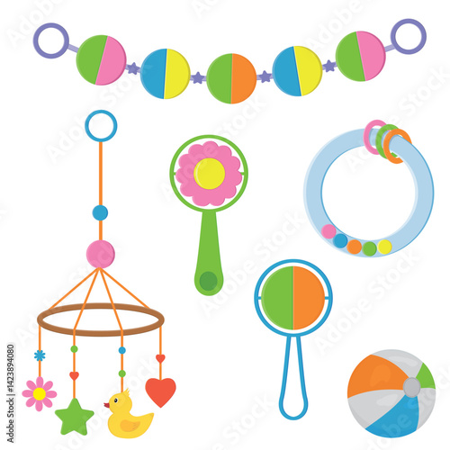A set of children's rattle toys in cartoon style, isolated vector illustration on a white background