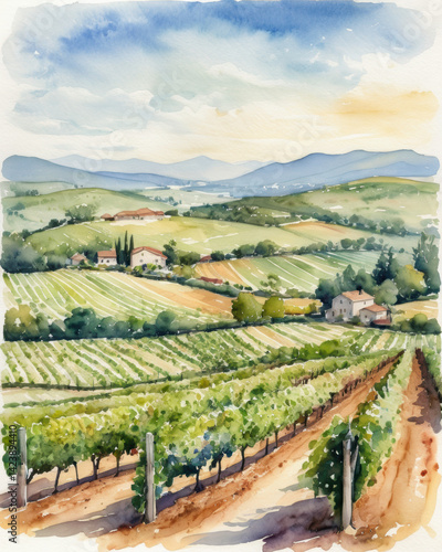 Breathtaking watercolor painting of rolling vineyards under a serene sky, capturing the essence of rural tranquility and natural beauty.