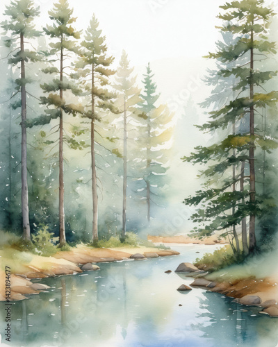 A serene watercolor landscape featuring tall pine trees beside a tranquil river, enveloped in soft mist and natural beauty.