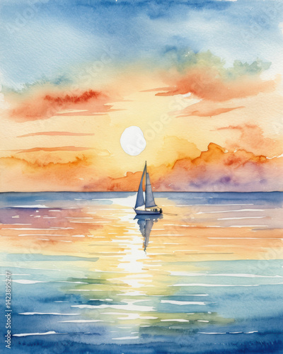 A serene watercolor painting of a sailboat on a tranquil sea at sunset, with vibrant colors reflecting on the water's surface.