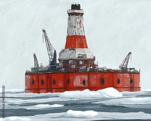 A large red and white maritime structure surrounded by icy waters