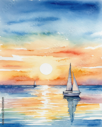A serene watercolor painting of sailboats at sunset, capturing tranquil waters and vibrant sky colors.
