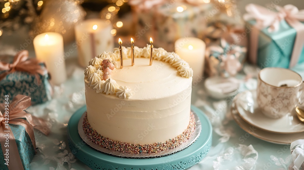 Luxury birthday cake with a cozy atmosphere surrounded by elegant tableware and beautifully wrapped gifts Luxury birthday cake with a cozy atmosphere surrounded by elegant tableware and beautifully wrapped gifts
