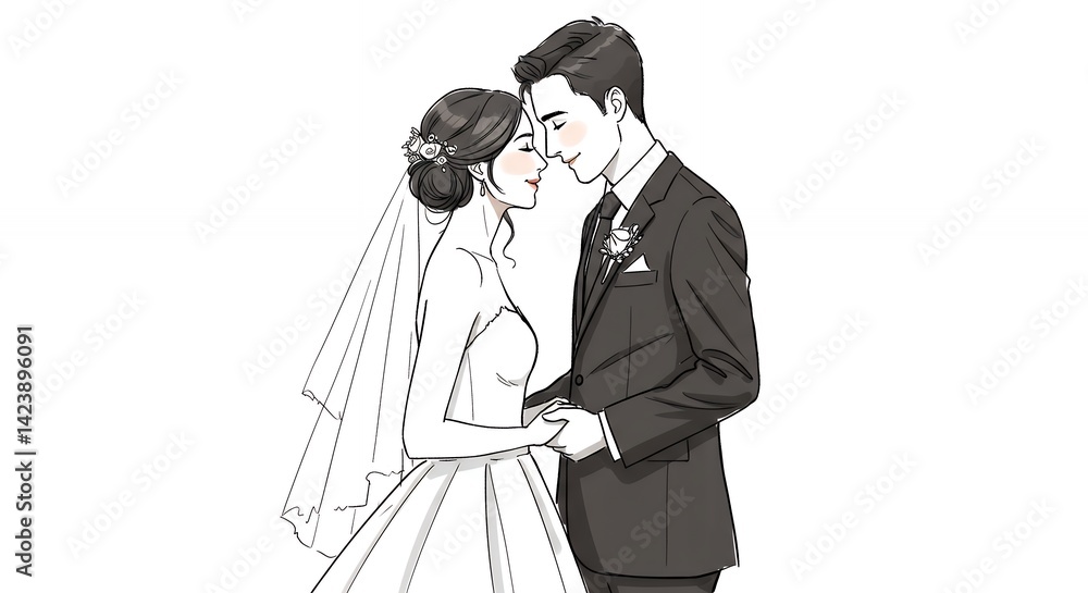 Fototapeta premium Elegant wedding couple line art illustration romantic intimate portrait