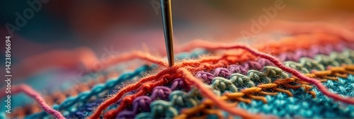 Close-up of needle crafting multicolored knitting fabric with intricate patterns
