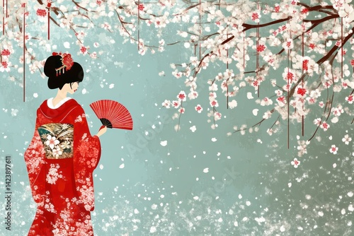 Traditional Elegance A Woman in a Red Kimono Under Cherry Blossoms