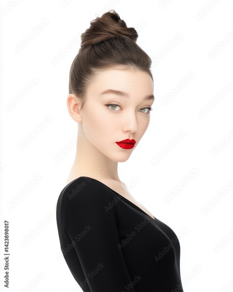 A young woman with a sleek bun and striking red lips posing against a white background. A young woman with a sleek bun and striking red lips posing against a white background.