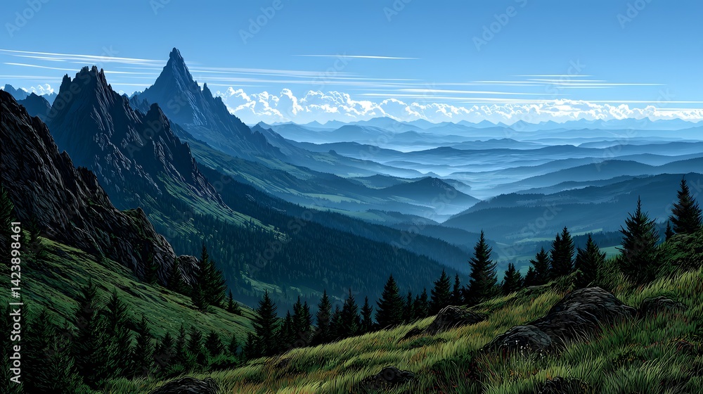 Obraz premium Majestic mountain range stretches across a vast valley.