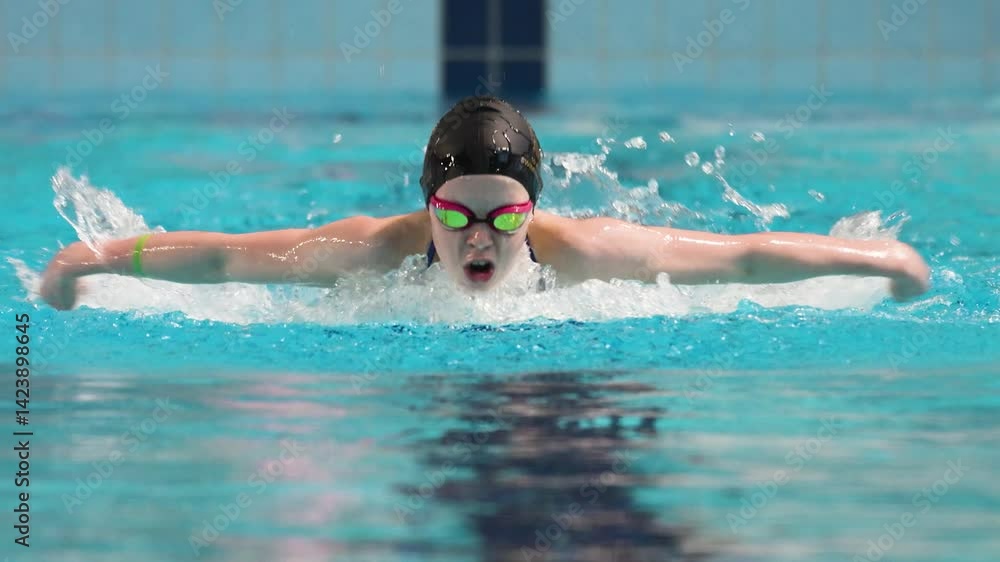 Swimmer girl swims butterfly swimming style in the pool. Slow motion. Swimmer girl swims butterfly swimming style in the pool. Slow motion.