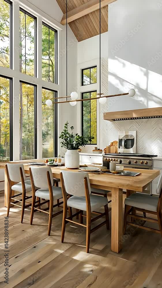 Elegant, modern dining space bathed in sunlight, featuring wood accents and a view Elegant, modern dining space bathed in sunlight, featuring wood accents and a view