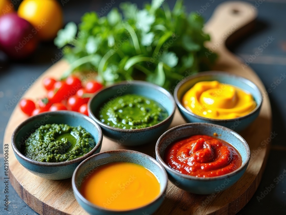 Wooden board with four bowls of different colored sauces. The bowls are arranged in a row and are filled with various sauces