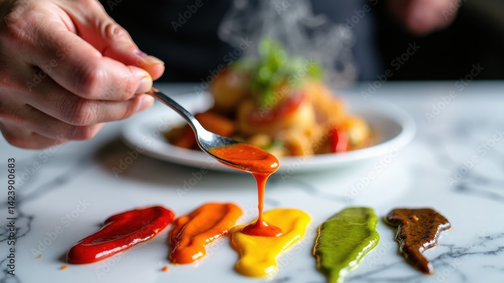 Person is pouring different colored sauces onto a plate. The sauces are red, yellow, green, and purple