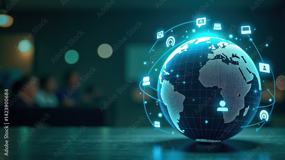 Globe with many icons and a person on it. The globe is surrounded by a network of lines and dots, representing the interconnectedness of the world