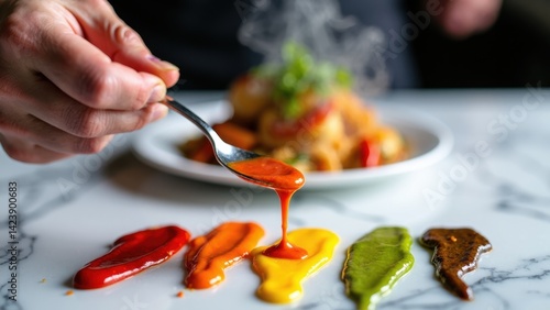 Obraz na płótnie Person is pouring different colored sauces onto a plate. The sauces are red, yellow, green, and purple w salonie