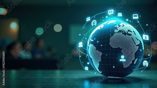 Obraz na płótnie Globe with many icons and a person on it. The globe is surrounded by a network of lines and dots, representing the interconnectedness of the world w salonie