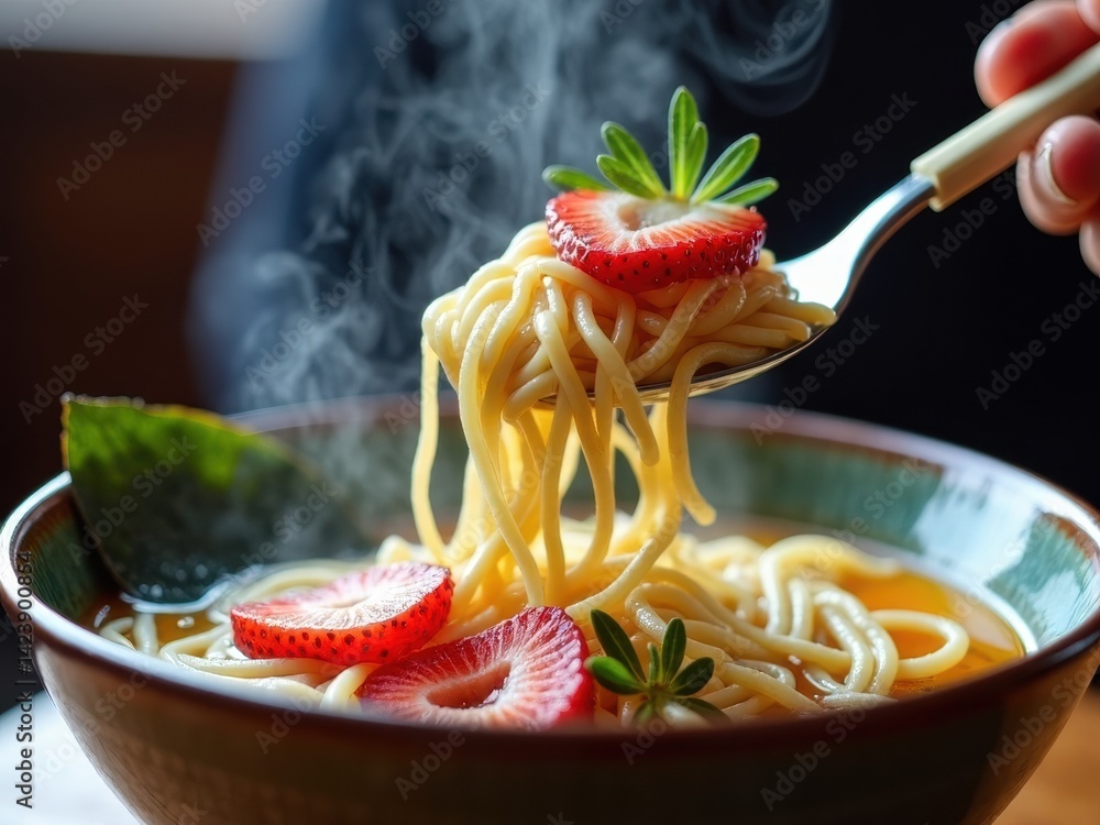 Person is eating spaghetti with strawberries in it. The spaghetti is covered in sauce and the strawberries are scattered throughout the dish