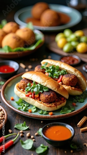 Obraz na płótnie Two meatball sandwiches on a plate with a variety of condiments and side dishes. Scene is casual and inviting, with the food looking delicious w salonie