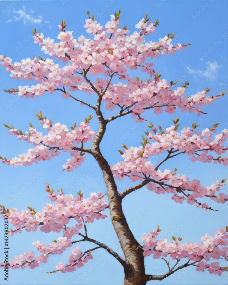Fototapeta premium A vibrant cherry blossom tree in full bloom against a clear blue sky, showcasing delicate pink flowers and a sturdy trunk.