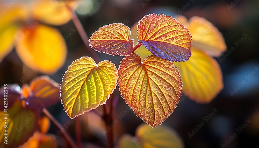 Autumn background with orange, yellow and red fall leaves in park and against a blue sky