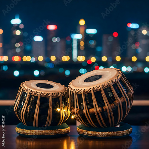 beautiful black and golden tabla on night city background