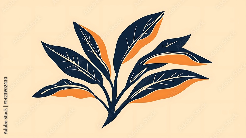 Naklejka premium Stylized Plant Illustration with Dark Blue and Burnt Orange Leaves