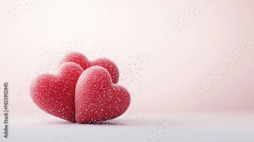 Three delicate pink hearts in soft focus,  with a subtle sparkle effect,  creating a romantic and tender feel