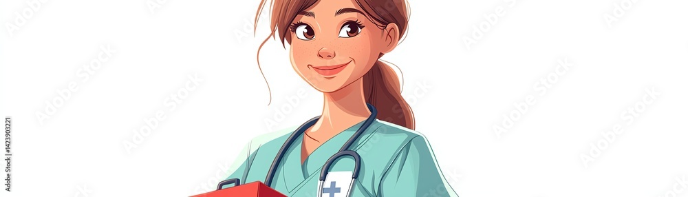 Smiling female nurse holding first aid kit.