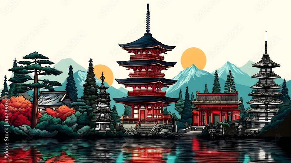 Fototapeta premium Japanese pagodas and temples by a serene lake.