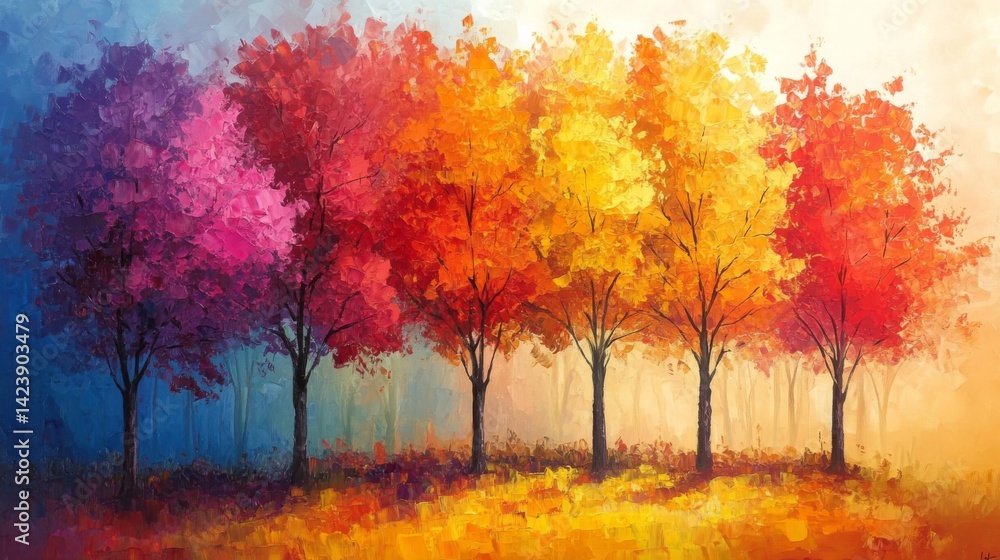 A Colorful autumn trees field acrylic painting showing warm and inviting landscape scene A Colorful autumn trees field acrylic painting showing warm and inviting landscape scene