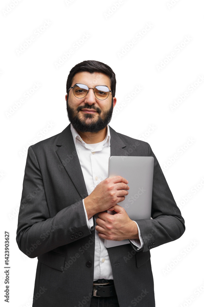 Confident Business Professional Holds a Tablet While Showcasing a Poised Demeanor in a Tailored Suit Confident Business Professional Holds a Tablet While Showcasing a Poised Demeanor in a Tailored Suit