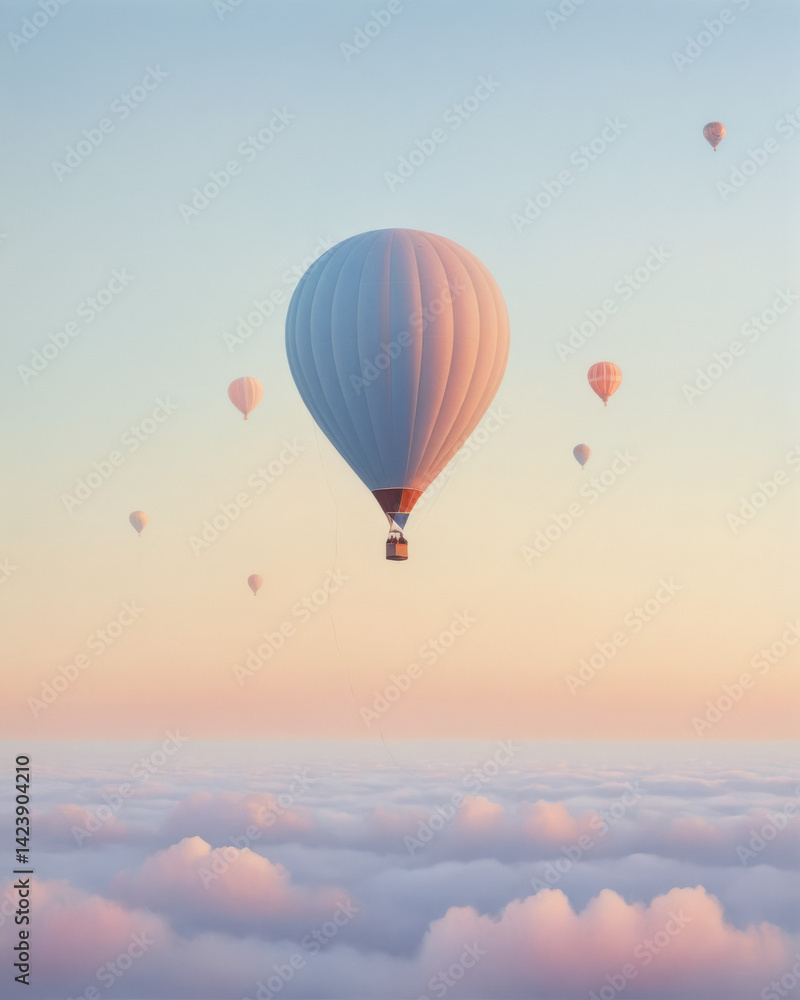 Naklejka premium A serene sunrise sky featuring multiple hot air balloons floating gracefully above soft clouds.