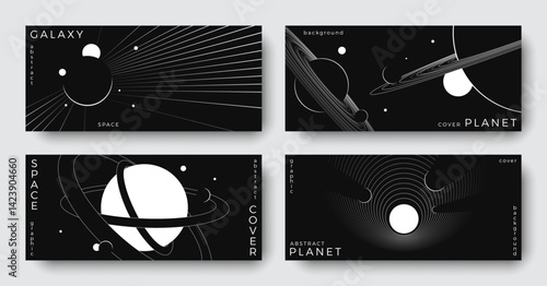 Set of abstract space astronomy horizontal backgrounds. Line art galaxy, universe, planet, solar system. Science future concept. Minimal design for cover, poster, ads, banner, flyer, brochure