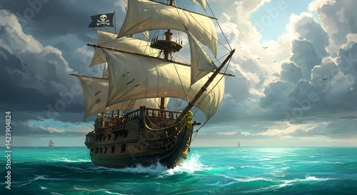 Pirate Ship Sailing Ocean Under Cloudy Sky