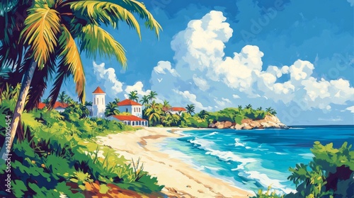 Saint Martin island Poster Illustration Travel Print Decor Gift Paper Canvas Wall Retro Art