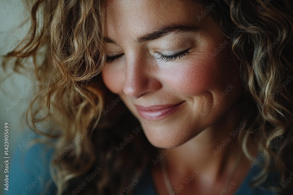 Close-up portrait of a woman with a gentle smile and closed eyes Close-up portrait of a woman with a gentle smile and closed eyes