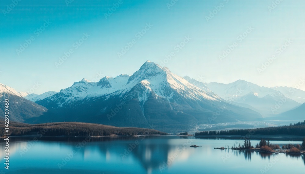 Naklejka premium Majestic Mountain Landscape with Calm Reflection on Clear Lake