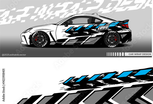 Car Wrap Design Vector with black, blue, white colour. Livery decal for racing, rally, drift, or daily use. Template sticker vinyl editable vector