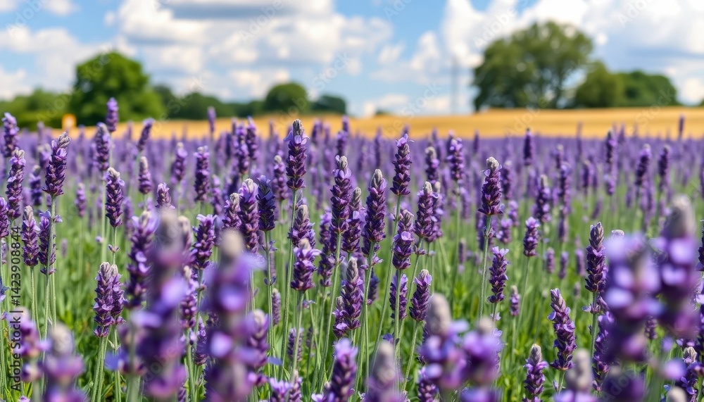 Fototapeta premium Vibrant Lavender Field Under a Bright Blue Sky with Clouds