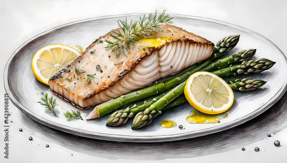A flaky piece of baked salmon rests on a bed of green asparagus spears on a white plate, drizzled with oil and herbs