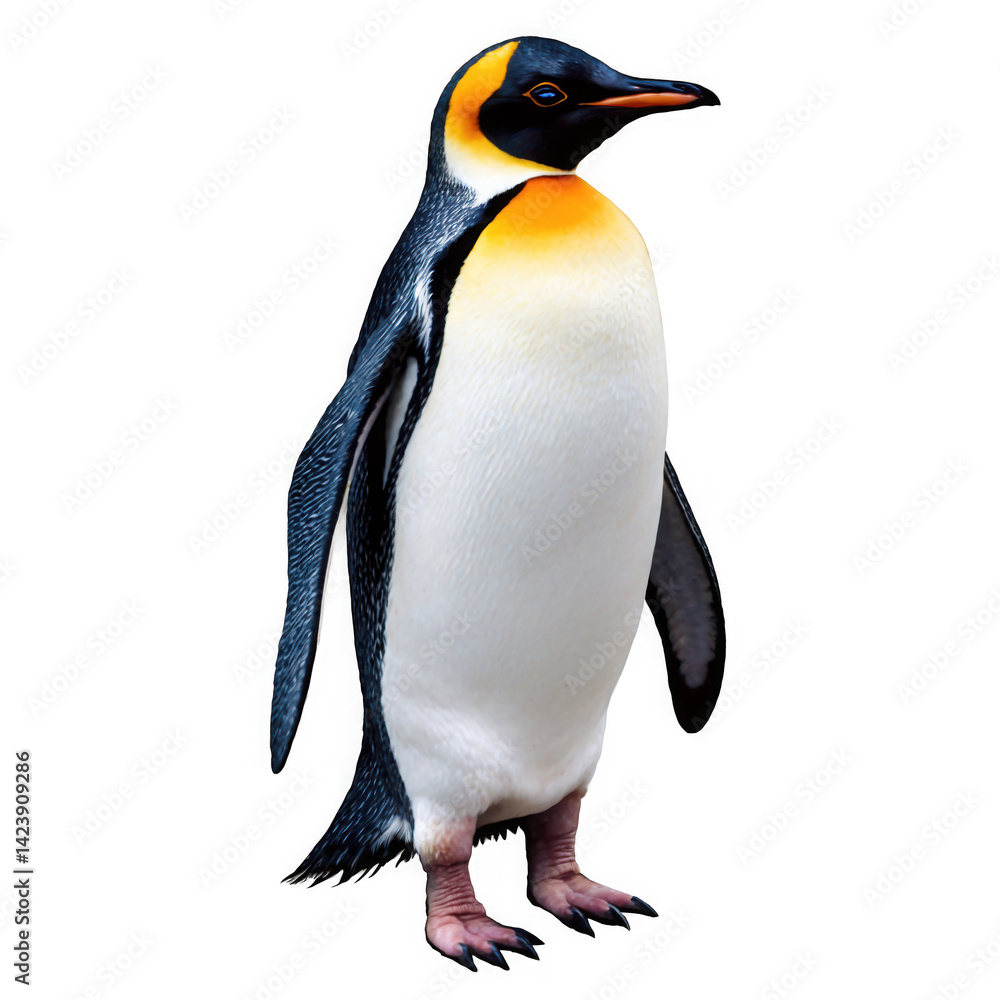Fototapeta premium Upright penguin with white chest, black and orange feathers. Full view of bird standing. Isolated animal with transparent background, png.
