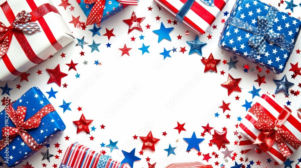 Obraz premium Independence day symbols flag, stars, and stripes on souvenirs with space for text