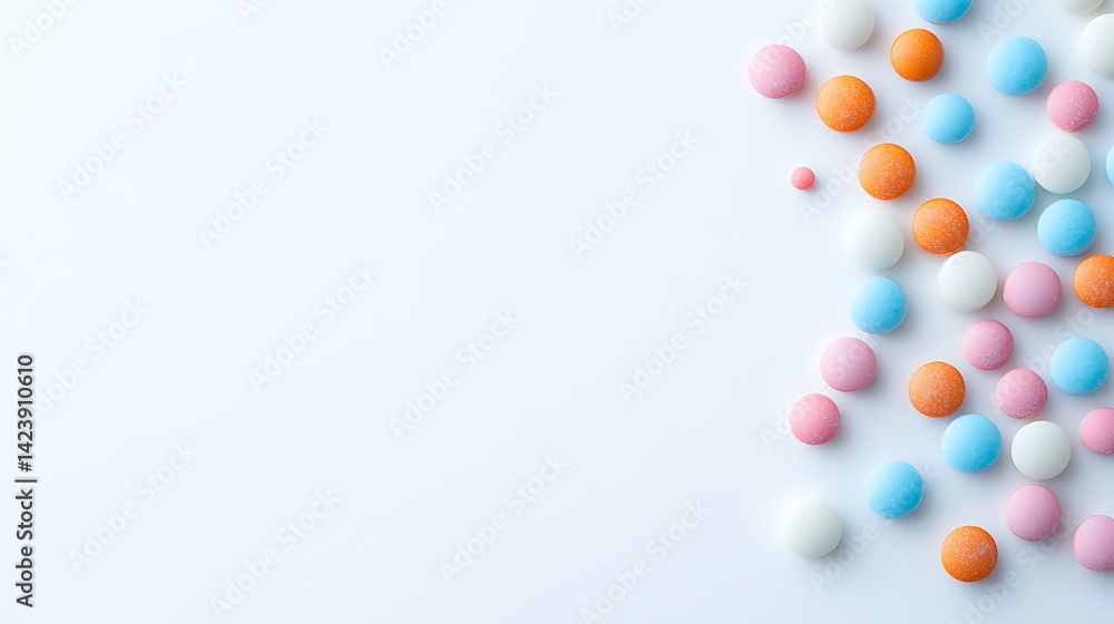 Scattered Colorful Candy Coated Chocolates on White Background Scattered Colorful Candy Coated Chocolates on White Background