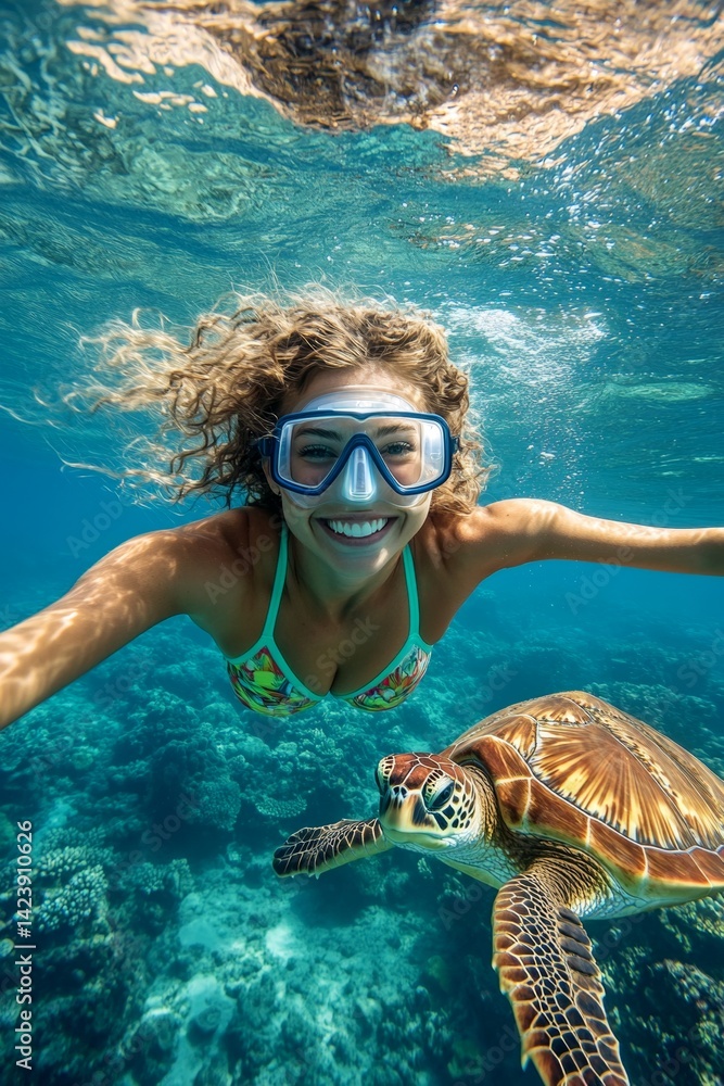 Fototapeta premium Bright commercial style image. Many tropical fish swim next to her. A stunning and sexy happy black young woman with medium hair in a swimming mask and fins snorkeling among the corals.
