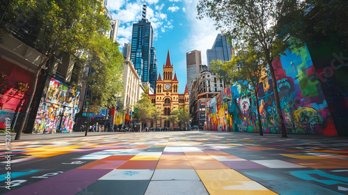 Melbourne Streetscape Vibrant Graffiti Art Laneway Flinders Lane Colorful Pavement Urban Architecture Cityscape in Australia