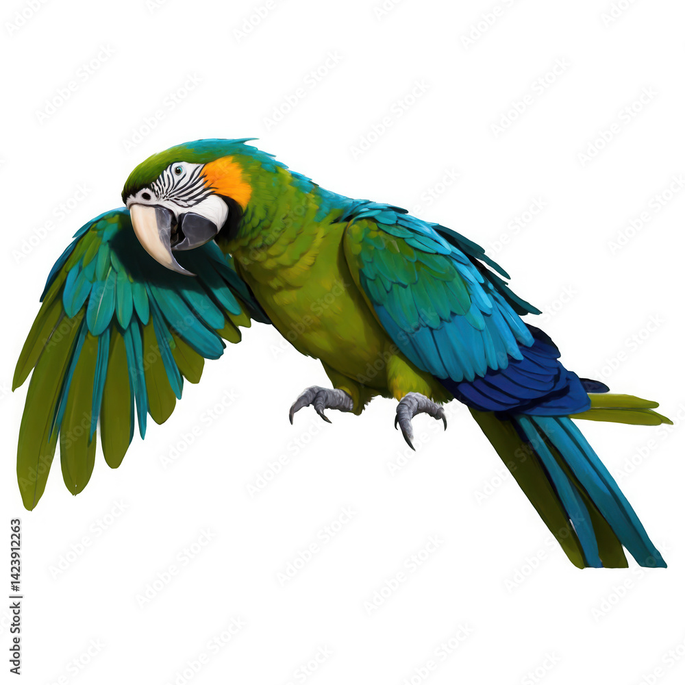 Fototapeta premium Green Blue Parrot Illustration. Tropical bird with colorful plumage flapping wings. Isolated image, transparent, png.
