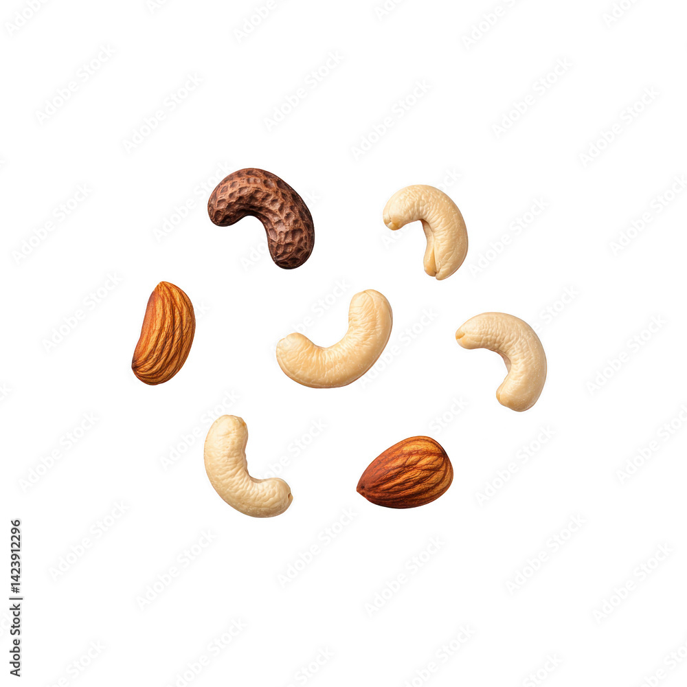 Fototapeta premium variety of nuts including cashews, almonds, and walnuts are scattered against transparency background, showcasing their textures and natural colors